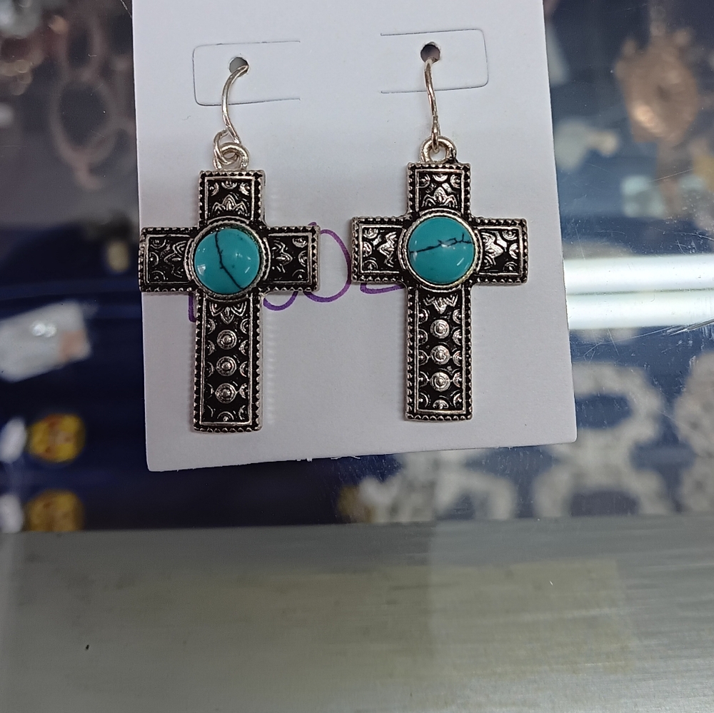 Silver and Turquoise Cross Earrings